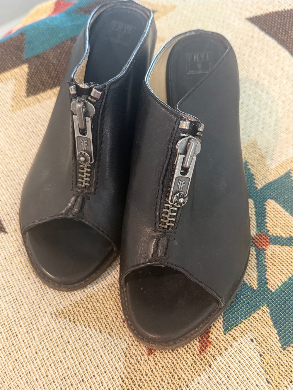 Frye Black Leather Open-Toe Zip-Front Mule Wedge Sandal